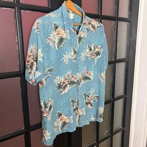 Vintage Rayon Hawaiian Shirt Mens XXL Teal Tropical Aloha Camp Collar